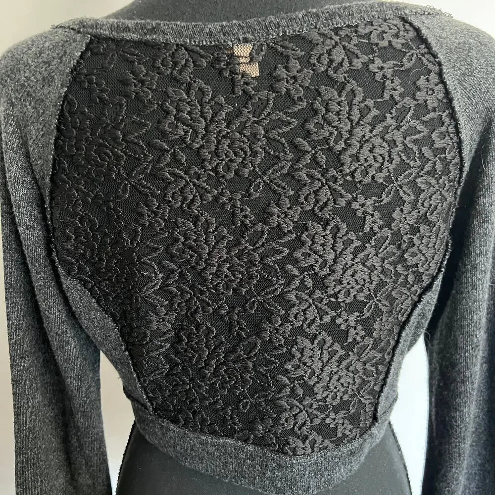 Free People Dark Heathered Gray Crop Long Sleeve Lace Snap Front Top - Small